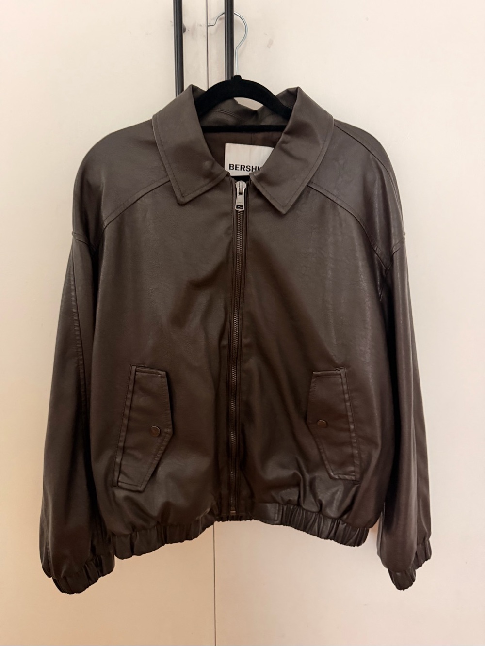 Bershka Dark Brown Faux Leather Zip Bomber Jacket